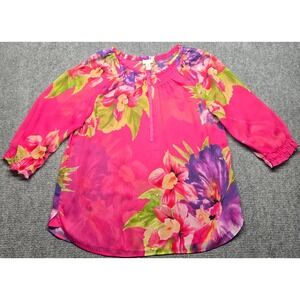 Chicos Blouse Womens 3 Pink Purple Floral Print Sheer 3/4 Sleeve Flowers